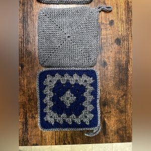 Hand crafted crochet potholder blue and grey